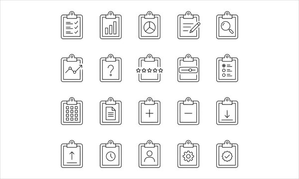 Clipboard report and survey vector icon set with editable stroke. Document checklist, data analysis, and task list icon bundle.