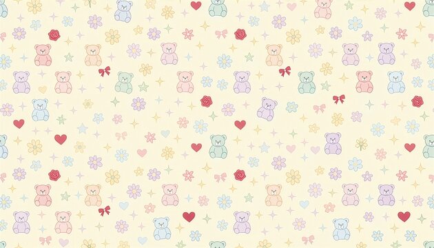 Miniature pastel teddy bears and red hearts seamless pattern