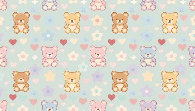 Mint and teal pastel teddy bears with daisies and hearts seamless pattern