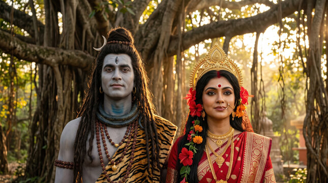 Shiv Durga near a banyan tree at sunset for Shivaratri