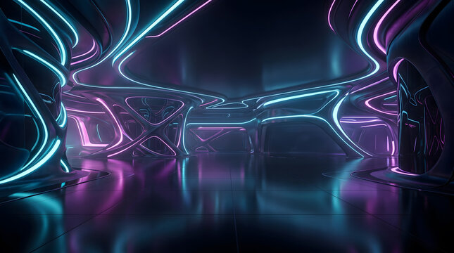 Biomorphic futuristic interior lounge with curved organic pillars and glowing neon strips