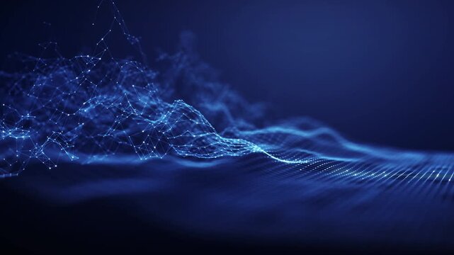 Massive big data streams move through a complex digital network, representing big data processing, filtering, sorting and analysis that transform unstructured data into valuable business insights