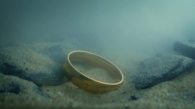 Gold Ring Drops Onto Rocks Underwater
