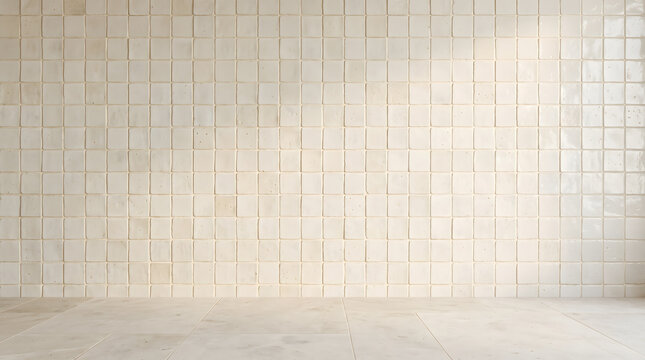 Bright interior with handmade glazed square beige ceramic tile wall and limestone floor