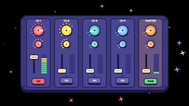 audio mixer animation. Knobs turn up, faders rise and buttons switch on. 15-second seamless loop with transparent background.