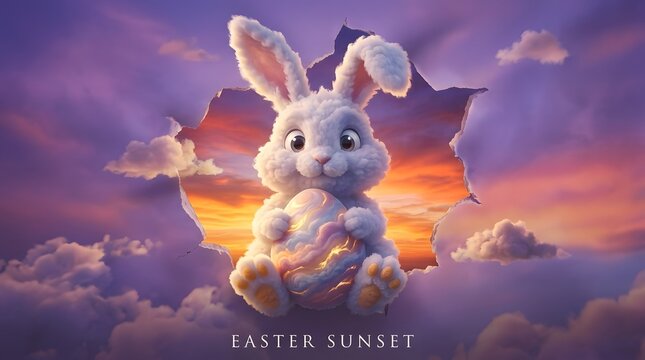 A cute fluffy easter bunny sitting in the clouds against a vibrant purple and orange sunset sky