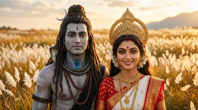 Shiv Durga standing among white kash flowers in a serene Bengali autumn landscape for shivaratri