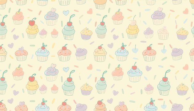 Soft cream frosted cupcakes with confetti sprinkles seamless pattern