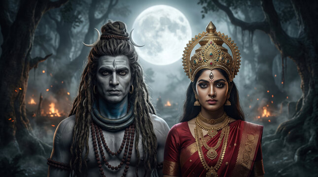 Shiva and Maa Durga beneath a giant full moon in a misty forest cremation ground with glowing embers