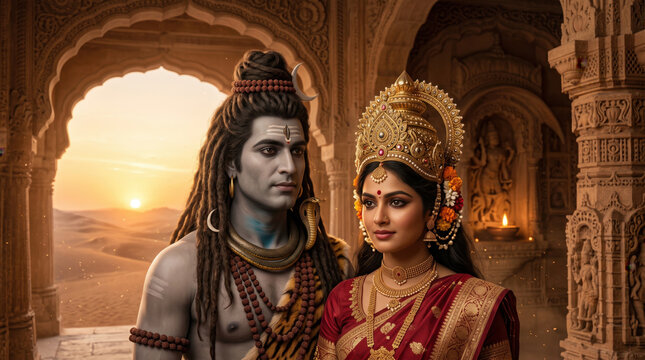 Shiv Durga inside a sandstone temple in a desert for shivaratri