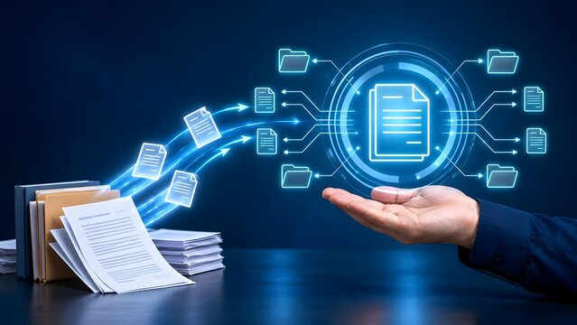 Conceptual digital transformation showing physical documents converting into glowing digital files in a central database