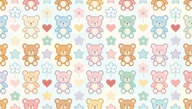 Colorful teddy bears with flowers stars and hearts on white seamless pattern