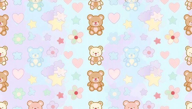 Watercolor clouds and pastel teddy bears with stars seamless pattern