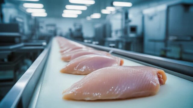 Raw chicken breast fillets moving along a conveyor belt in a modern poultry processing facility, representing industrial food production, hygiene, and meat manufacturing.