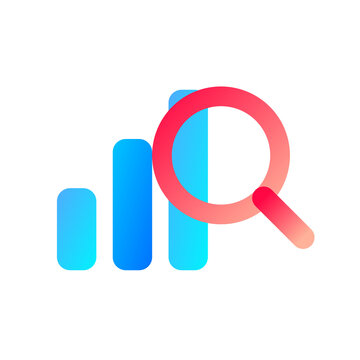 Cyan bar chart with pink magnifying glass icon for business data analysis tool