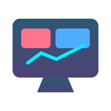 Dark blue computer monitor displaying charts and neon blue line graph indicator