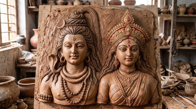 Handcrafted Bengal clay relief of Shiva and Maa Durga with sculpting marks, earthy textures, natural pigments and artisan detail
