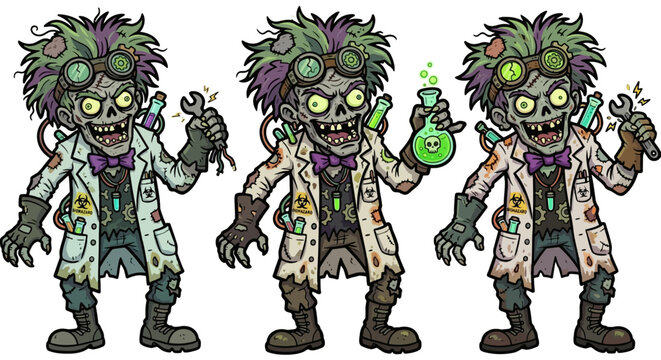 Mad scientist zombie character set, crazy undead professor with potion flask and wrench, Halloween monster cartoon