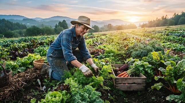 Farmer harvesting fresh vegetables on organic farm during golden hour sunset, authentic agricultural lifestyle photography with lush garden background