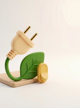 Green leaf shaped power plug with cord and yellow switch on wooden base, renewable energy and eco electricity concept