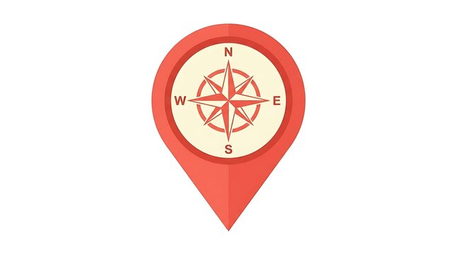 Red map pointer icon with compass rose symbol for navigation and
