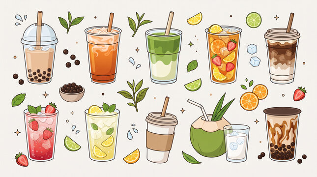 Set of Various Refreshing Iced Beverages and Bubble Tea Illustration
