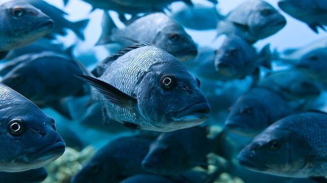 A close up view of a school of fish swimming together in clear blue water  with one fish prominently in focus