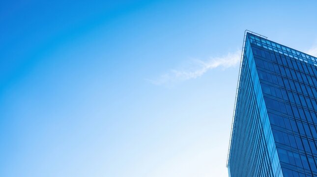 Modern glass skyscraper corner against a clear blue sky, capturing architectural innovation and corporate success for commercial real estate marketing and professional business presentation.