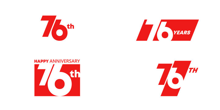 76th Happy Anniversary logo collection with bold red typography and modern geometric number designs. Creative design template for celebration, birthday, greeting and invitation.