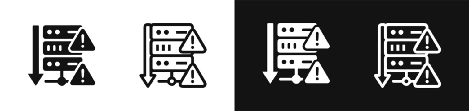 Server error warning icon set isolated on white and black background