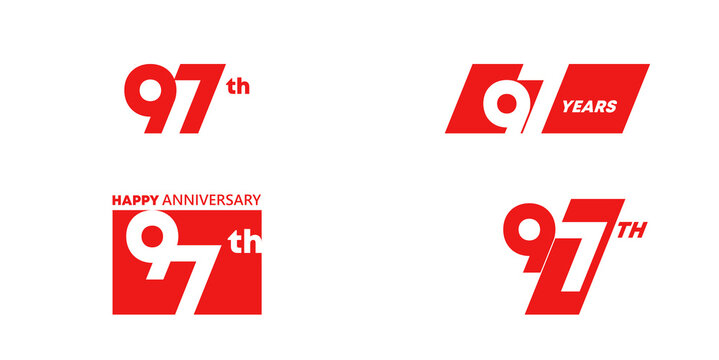 97th Happy Anniversary logo collection with bold red typography and modern geometric number designs. Creative design template for celebration, birthday, greeting and invitation.
