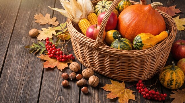 Rich autumn harvest basket with pumpkins, apples, nuts, and leaves on a dark rustic wooden background