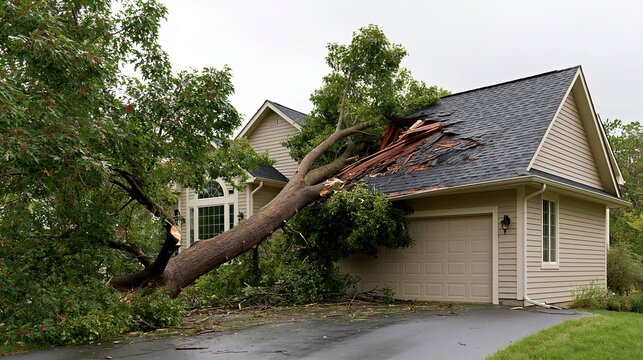 Fallen tree damaging roof of house after storm