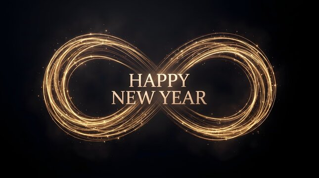 Happy new year text centered inside a glowing golden infinity symbol