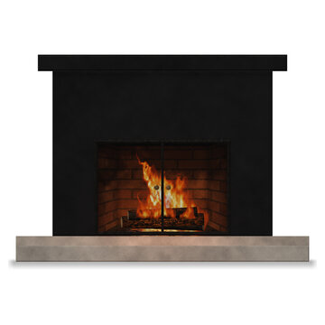 Modern black fireplace with mesh fire screen and concrete hearth isolated on transparent background