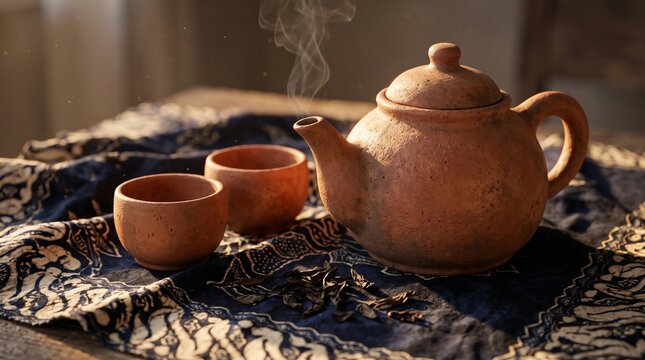 Traditional Javanese clay teapot with cups on indigo batik cloth, Indonesian tea culture still life
