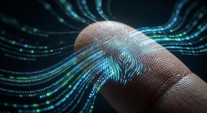 Glowing Genetic Sequence On Macro Human Fingerprint
