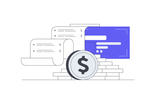 Digital Finance Online Banking and Electronic Invoice Payment. Financial Document Screen Displaying Dollar Coin and Banking Transaction Ledger. Flat Cartoon Vector Illustration, icon Stylish abstract 