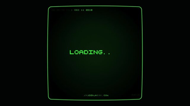 Authentic vintage monochrome green phosphor CRT monitor featuring realistic power-on CRT cathode expansion, prominent centered large pixelated typing loading indicator, status bar header and footer, p