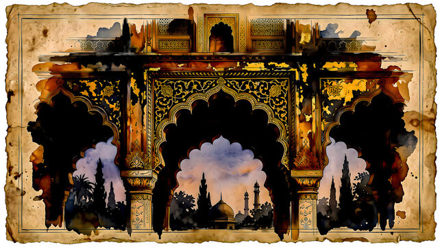 Vintage Mughal archway and mosque dome on aged parchment