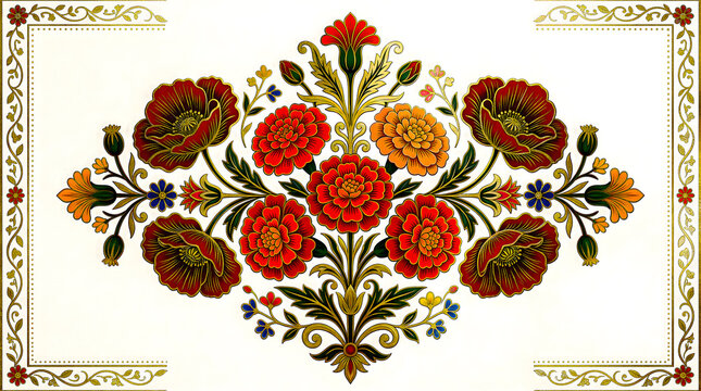 Mughal Floral Ornament with Red Poppies and Gold Scrollwork