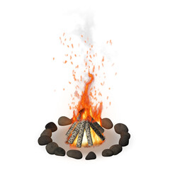 Birch log teepee bonfire in stone fire pit with smoke and sparks isolated on transparent background © Bishajit