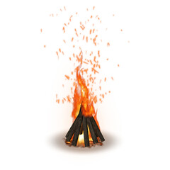 Tall teepee bonfire with many rising sparks isolated on transparent background © Bishajit