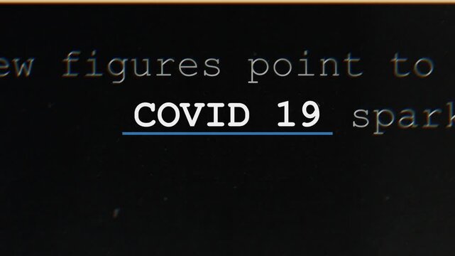 Covid 19 emphasised in news headline text match cut animation. Coronavirus pandemic news, public health reporting and breaking media coverage