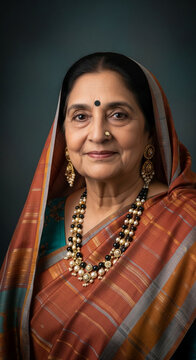 Portrait of an elderly Indian woman wearing a traditional sari and ornate jewelry, symbolizing cultural heritage and dignified elegance