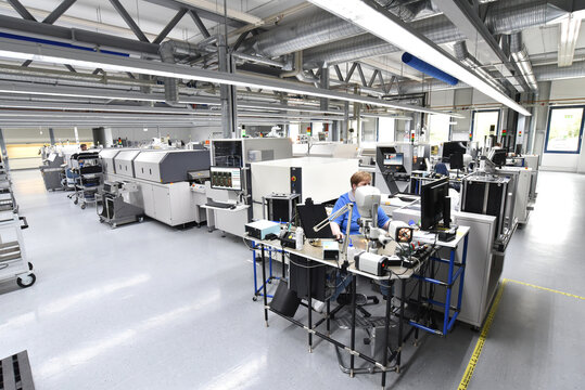 modern industrial factory for the production of electronic components - machinery, interior and equipment of the production hall