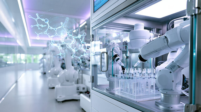 Smart pharmaceutical factory with an AI monitoring system and robotic arms managing a production line in a bright clean hall, a glass-enclosed sterile isolator with robotic arms ha