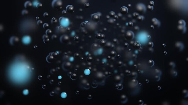 Glossy dark grey and black 3D spheres floating weightlessly with scattered glowing cyan orbs in an empty void, sharp in the midground with soft focus blur as the camera slowly pushes in
