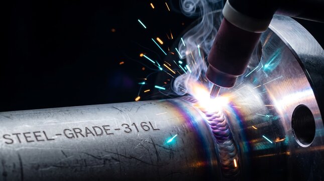 Extreme macro TIG welding arc melting stainless steel pipe with sparks in dark workshop during operation for manufacturing background