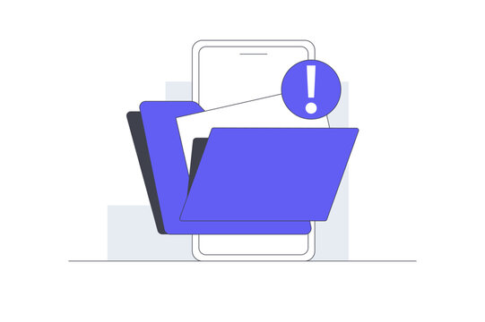 Displaying Storage Exceeded Alert and Smartphone Data Memory Warning. Mobile Phone Screen Displaying Open File Folder with Exclamation Mark Alert. Flat Cartoon Vector Illustration, icon Stylish web